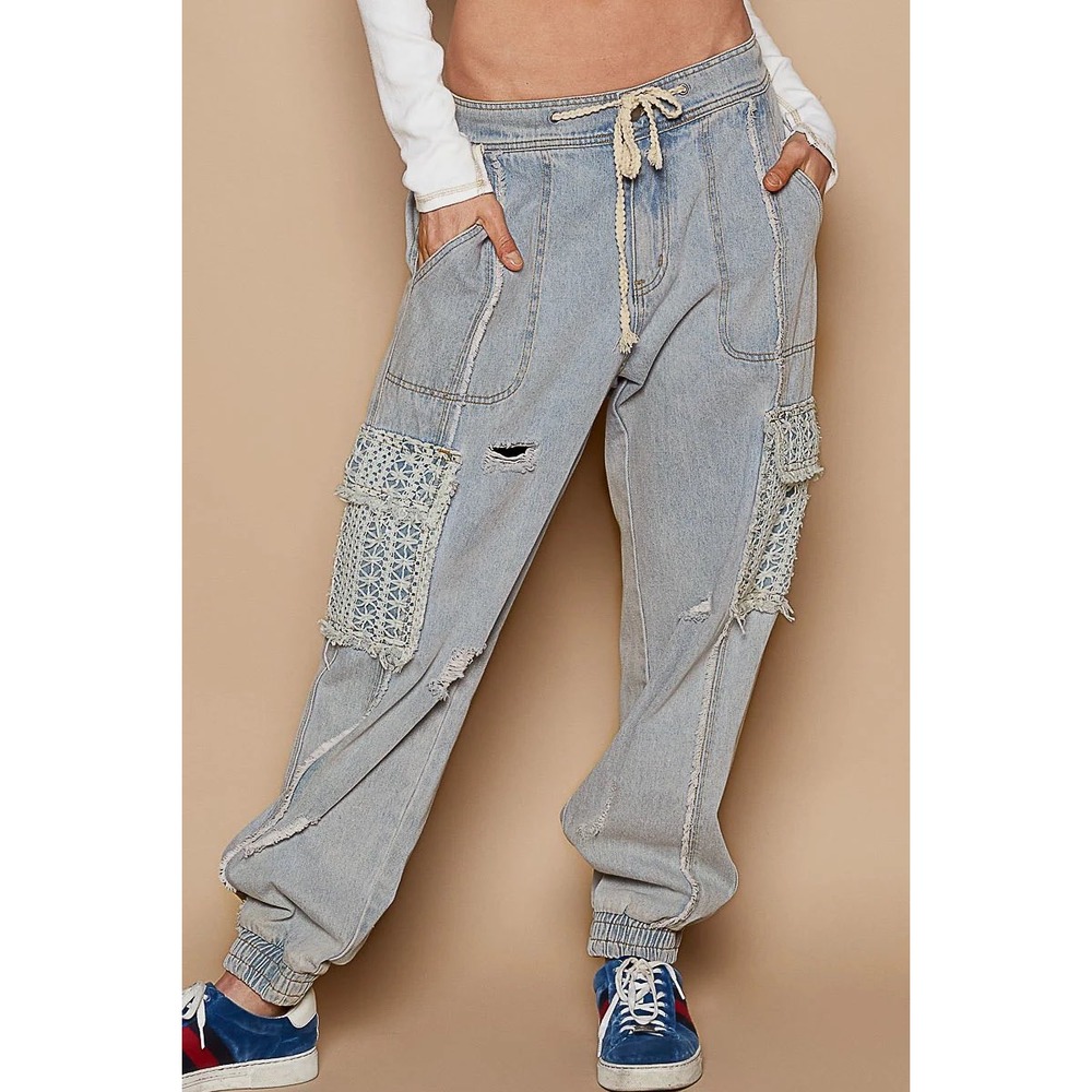POL Crochet Lace Cargo Denim Jogger Pants Light Wash Distressed Boho Womens S
